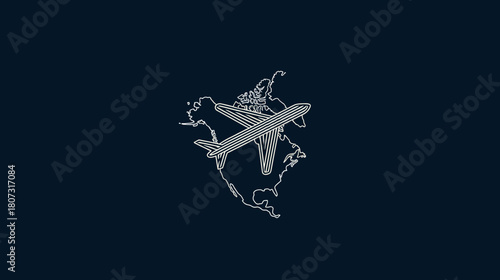 Global air travel concept with a passenger airplane flying over a stylized world map illustration on a dark blue background.