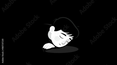 Minimalist black and white cartoon illustration of a young person sleeping soundly, portraying peace, rest, and calm.