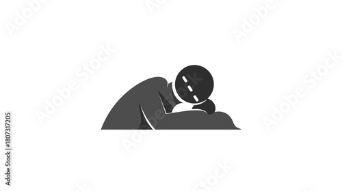 Exhausted person sleeping or resting head down on a surface. Minimalist graphic illustration symbolizing fatigue, burnout, stress, sadness, or depression.