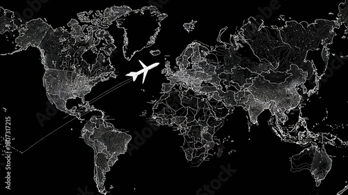 Airplane flying over an illuminated world map at night, depicting global travel, international connections, and modern technology. Digital concept.