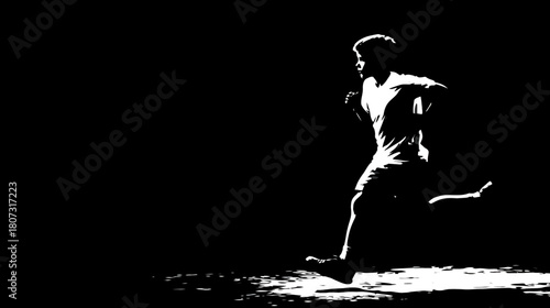 Dynamic high-contrast silhouette of a male runner in motion against a stark black background, symbolizing speed, effort, and determination.