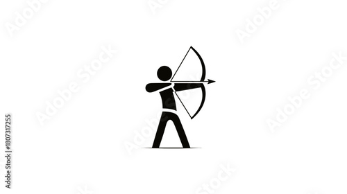 Black stick figure archer icon aiming a bow and arrow, representing sport, accuracy, target practice, and skill.