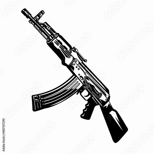 Modern automatic assault rifle vector illustration. Military firearm weapon in black and white silhouette for design elements.