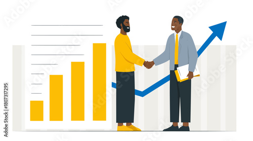 Successful business partnership illustration with men shaking hands, symbolizing financial growth, agreement, and positive market trend.
