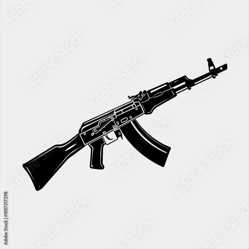 Black and white vector illustration of an automatic assault rifle, a powerful firearm commonly used in military and combat operations.