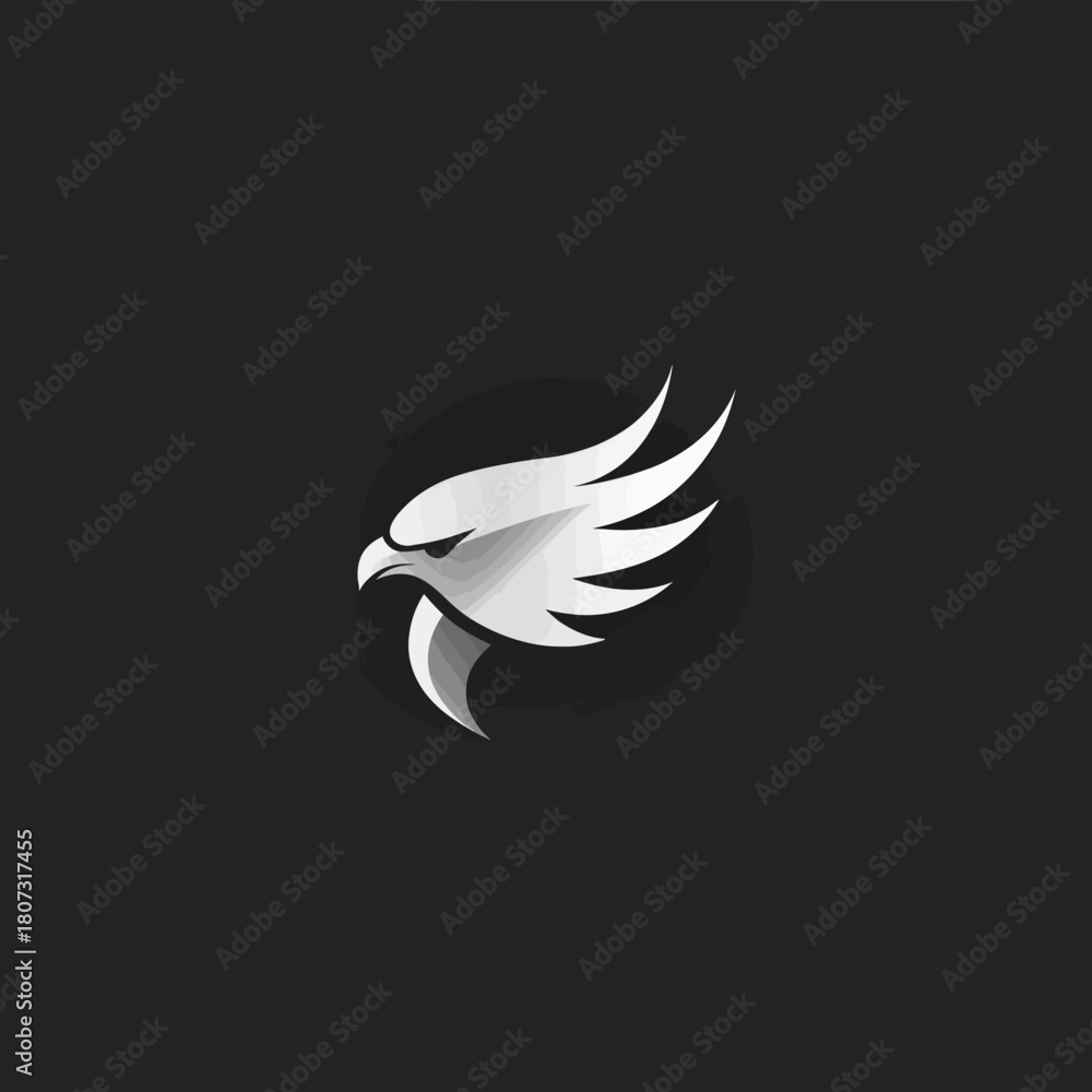 Obraz premium Sleek majestic white eagle head with powerful stylized wing on dark background, modern graphic design illustration of a predatory bird symbol.