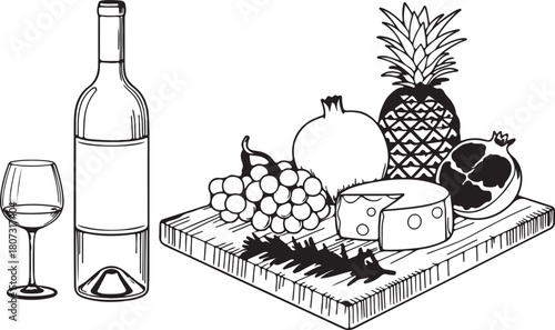 A wine bottle and a cutting board of cheese and fruits appear in the image