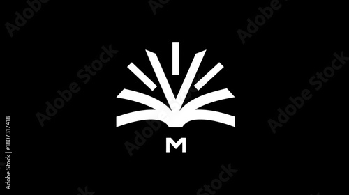 Stylized open book icon with light rays and the letter M, a minimalist graphic representing education, knowledge, and wisdom.