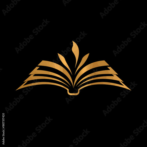 Golden Stylized Open Book Logo Symbolizing Education, Knowledge, Wisdom, and Learning. Abstract Design for Academic or Literary Concepts.