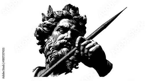 Dramatic black and white vector illustration of a powerful ancient god's head with a beard, wreath, and spear in a classical art style.