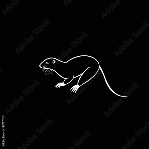 Simple white line art illustration of a small rodent or weasel-like mammal, minimalist animal graphic on black background.