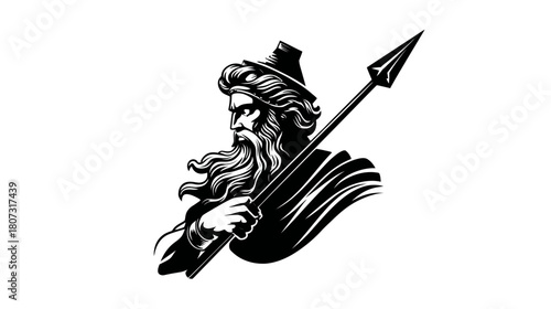 Mythical bearded man illustration with spear. Ancient powerful legendary character vector graphic, monochrome heroic figure design