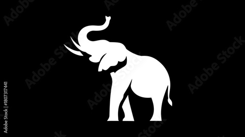 Majestic white elephant silhouette standing with trunk raised, isolated on a plain black background, minimalist vector graphic design.