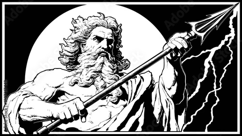 Powerful mythological deity with a flowing beard and trident, surrounded by lightning and a glowing circle, in striking black and white art.