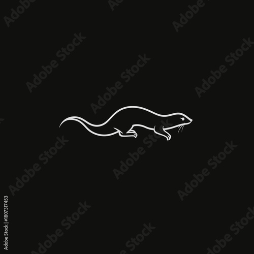 Minimalist white outline illustration of a sleek mammal like an otter, ferret, or weasel on a black background, generic animal graphic design.