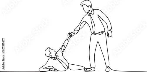 Single continuous line drawing of young happy businessman help to pull out his colleague from failure and rising again.one line icon with with white background