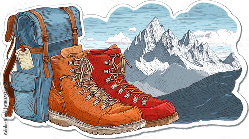 Outdoor adventure illustration featuring rustic hiking boots, a backpack, and a majestic mountain range background for travel.