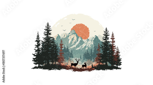 Retro illustration of a tranquil mountain forest landscape with deer and pine trees at sunset or sunrise, evoking wilderness.