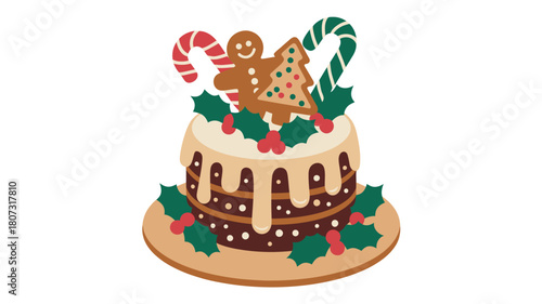 A festive Christmas cake is decorated with gingerbread cookies, candy canes, and holly leaves.