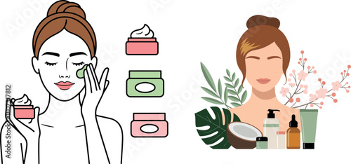 Beautiful woman is applying cream onto her face, and beauty products are around her