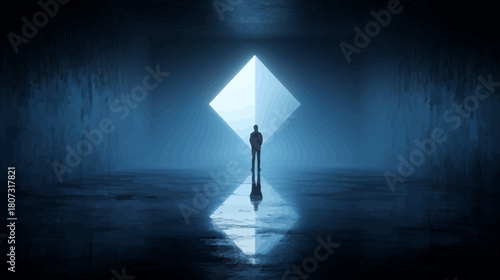 Lone person silhouette facing glowing blue diamond portal in dark, mysterious futuristic space with floor reflection