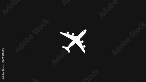 Minimalist white airplane icon silhouette on black background, symbolizing global travel, flight, aviation, and air transport.