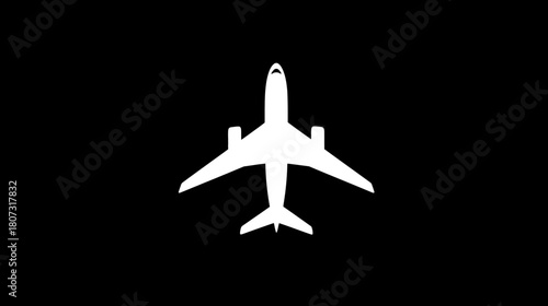 Minimalist white airplane silhouette isolated on black background, top-down view of a passenger jet, aviation travel symbol.