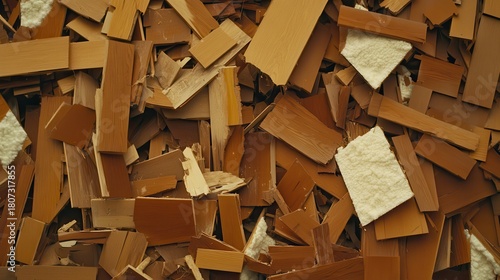 Close view of a mass of splintered timber and insulation materials