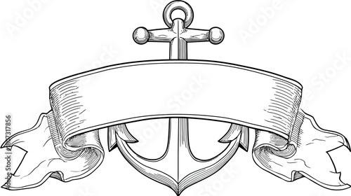 Vintage hand-drawn anchor with blank ribbon banner illustration, engraved style nautical marine design element.