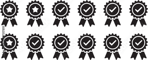 Black achievement rosette icons with star and checkmark symbols display prominently against white