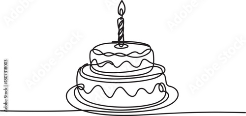 Birthday cake in continuous line art drawing style. Traditional birthday cake with candle on the top minimalist black linear sketch isolated.one line icon with with white background