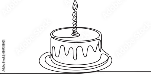Birthday cake in continuous line art drawing style. Traditional birthday cake with candle on the top minimalist black linear sketch isolated.one line icon with with white background