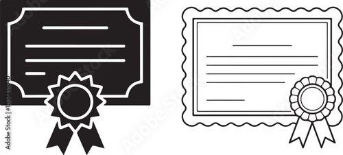 Black and white certificates showing awards and documents in a simple outline style, transparent background