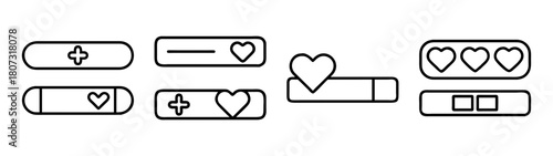 User interface game elements line icon set: health bar, like buttons