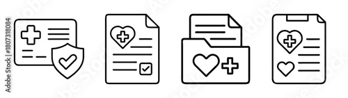 Secure health insurance, medical files, patient data icons pack
