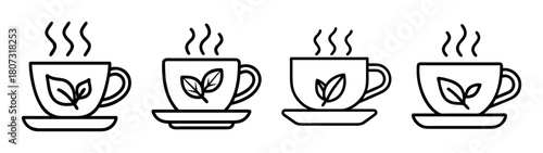 Line art set of hot tea cups with leaf motif and rising steam