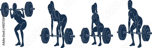 Collection of strong individuals performing essential barbell exercises like squats and deadlifts for fitness and strength training.