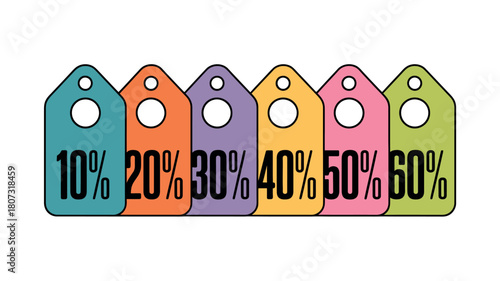 A row of colorful price tags displays discount percentages from 10% to 60%.