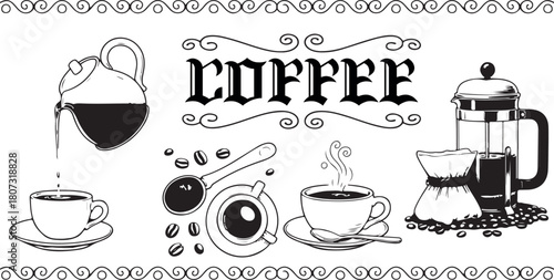 Black and white shows a coffee still life with an ornamental border