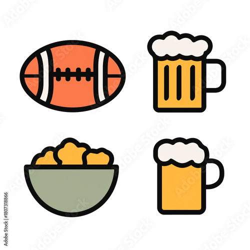 Football Watch Party Snack Icons with Beer and Game Food Vector Set