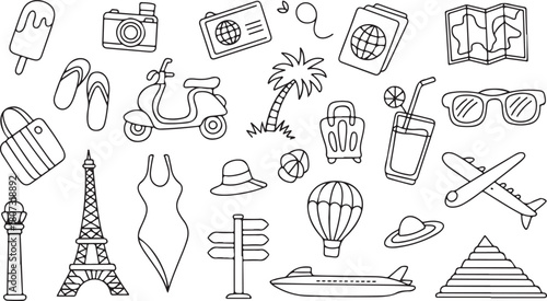 Black and white summer vacation items offer appealing, diverse outline icons in transparent background