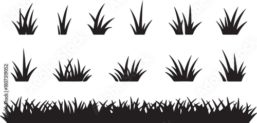 Black grass tufts show variation in length and density, displayed against a transparent background