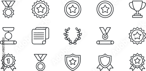 Black line icons present awards, medals, trophy, certificate and shields for any event