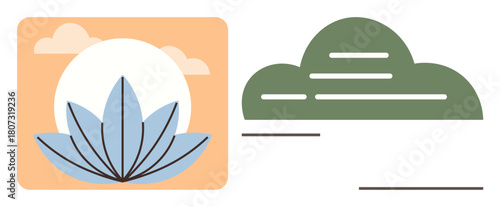Lotus flower against sun backdrop with green cloud and line accents. Ideal for wellness, mindfulness, relaxation, nature, meditation, serenity, creative minimalist flat metaphor