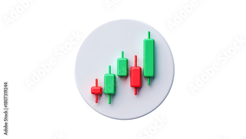 A 3d rendering of a candlestick chart on a transparent background, showing the price movement of a security over time, isolated on transparent background the chart is green and red, indicating positiv