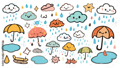 set of kawaii cloud variant different. weather doodle. Set of weather elements - sun, clouds, rain, wind, snow, tornado, lightning, crescent moon, stars. Vector hand-drawn illustration in doodle style