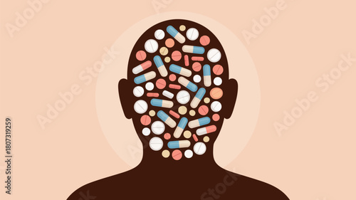 Silhouette of a person's head filled with various pills and capsules, representing mental health challenges and medication.