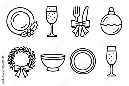 Festive Table Icons. Holiday Celebration Setup outline icon set: festive plates, sparkling glassware, ribbon-tied cutlery, wreath centerpiece, ornament decor, serving bowl,
