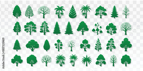Large vector set of green tree silhouettes in various shapes including deciduous, coniferous, and palm types on a transparent background. Ideal for nature graphics, ecology projects, landscaping, 