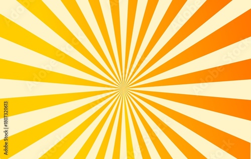 Vibrant sunburst starburst radial background in warm yellow and orange gradient colors; abstract burst pattern conveying energy, attention, focus, or sale promotion, ideal for retro pop art design, ca